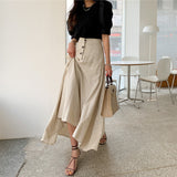 Clacive-Women's Vintage Elastic Waist Buttons Irregular Skirts Summer Female Casual Cotton And Linen Split Long Skirts