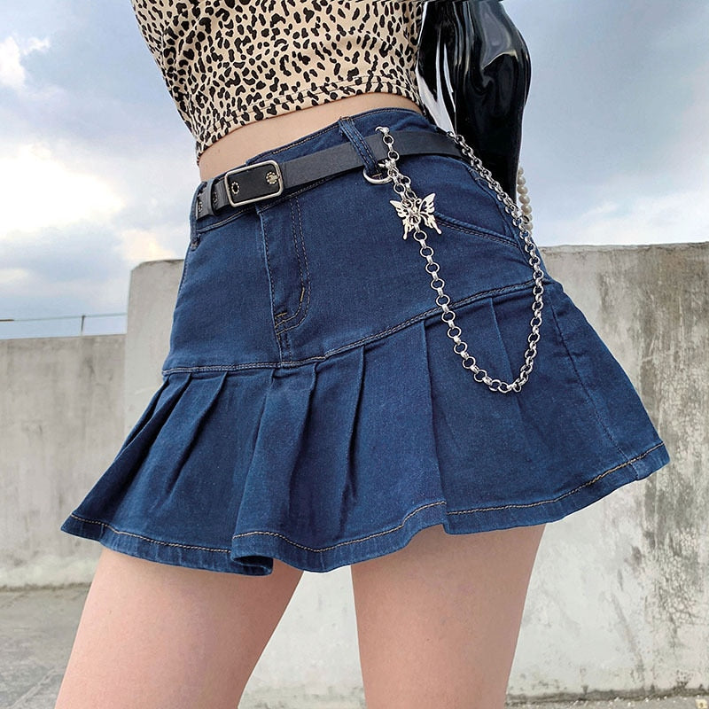 Clacive y2k Pink Denim Pleated Skirts Mini Solid Casual Woman Fashion Korean Style High Waist Skirt with Lined Hot Club Party Girls 2023