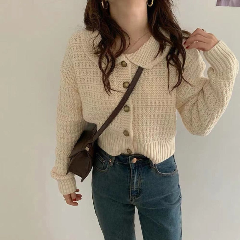 Clacive Cute Peter Pan Collar Women Cardigan Sweater Loose Knitted Long Sleeve Korean Chic Jumper Coat Loose Button Up Jackets