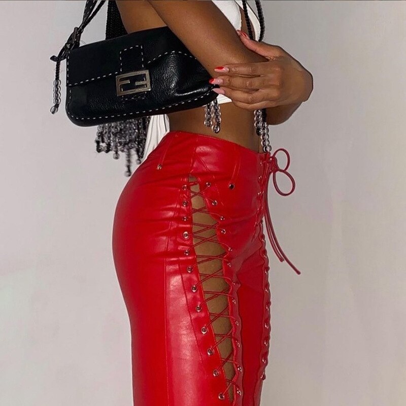 Clacive Trend Faux Lether Lace-up Pants Chic Women High Waist Skinny Hollow Out Long Trousers Wild Streetwear Bottoms Harajuku Clothes
