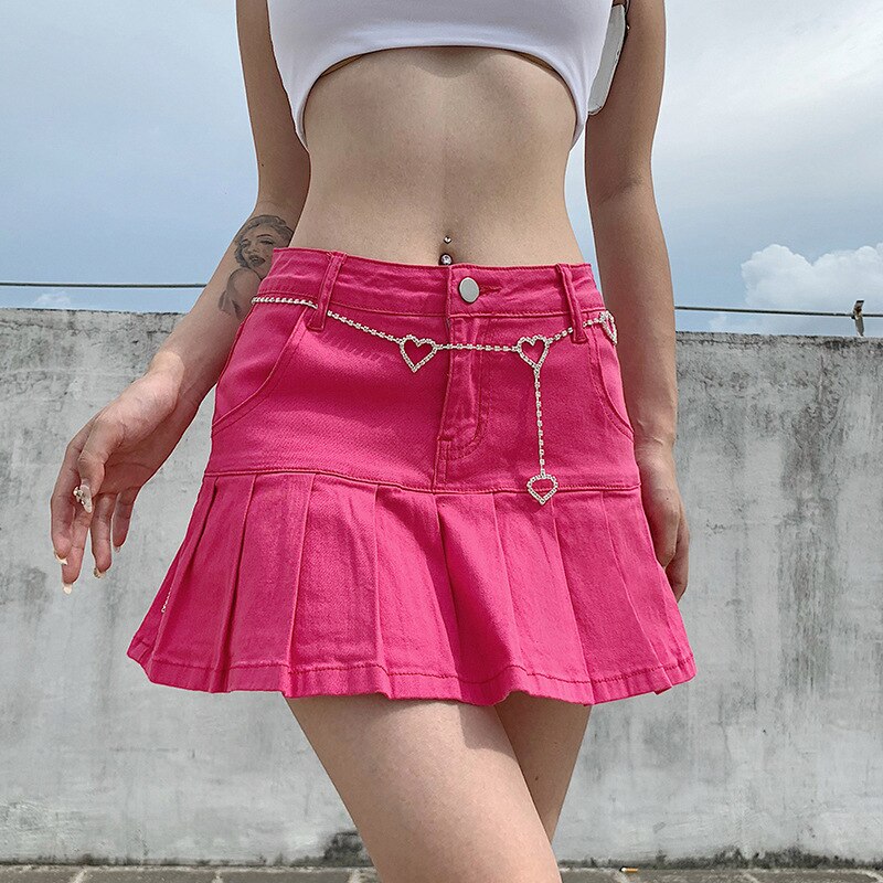 Clacive y2k Pink Denim Pleated Skirts Mini Solid Casual Woman Fashion Korean Style High Waist Skirt with Lined Hot Club Party Girls 2023