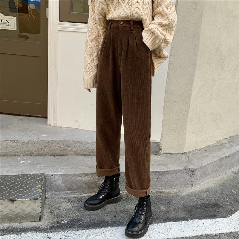 Clacive New  Women Spring Corduroy Pants High Waist Autumn Vintage Korean Wide Leg Pants Elegant Belt Loose Cotton Streetwear