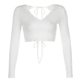 Clacive Women White T-Shirts V Neck Long Sleeve Ruffles Bandage Knitted Crop Top Sexy Backless Lace Edge Y2K Aesthetics Tee Female Cloth