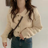 Clacive Cute Peter Pan Collar Women Cardigan Sweater Loose Knitted Long Sleeve Korean Chic Jumper Coat Loose Button Up Jackets
