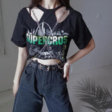 concert outfit Iron Chain Printed Hip Hop Short-Sleeved T-shirt Punk Style Fashion Hollow Slimming Loose Navel Top Online Celebrity Street Cool