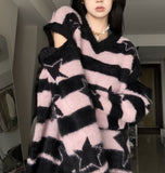 striped Women's American-Style Star Striped Sweater, Autumn and Winter Lazy Retro Faux Mink Fur Detachable Sleeve Sweater