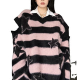 striped Women's American-Style Star Striped Sweater, Autumn and Winter Lazy Retro Faux Mink Fur Detachable Sleeve Sweater