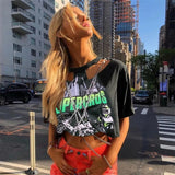 concert outfit Iron Chain Printed Hip Hop Short-Sleeved T-shirt Punk Style Fashion Hollow Slimming Loose Navel Top Online Celebrity Street Cool