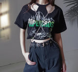 concert outfit Iron Chain Printed Hip Hop Short-Sleeved T-shirt Punk Style Fashion Hollow Slimming Loose Navel Top Online Celebrity Street Cool