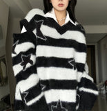 striped Women's American-Style Star Striped Sweater, Autumn and Winter Lazy Retro Faux Mink Fur Detachable Sleeve Sweater