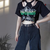 concert outfit Iron Chain Printed Hip Hop Short-Sleeved T-shirt Punk Style Fashion Hollow Slimming Loose Navel Top Online Celebrity Street Cool