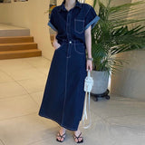 Clacive-2024 Summer Fashion Women Denim Skirt Set  Lapel Short Sleeve Shirts & High Waist Straight Skirts Women 2 Pieces Set