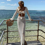 Clacive- Women Summer 2PCS Outfit Bikini Cover-ups Sets Long Sleeve Tie Up Crop Tops+White Long Knit Hollow Tassels Skirt Suit