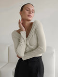 Clacive-2024 Autumn Winter Women Off Shoulder Office Knitwear Tops Slim Pullover Solid Khaki Long Sleeve T-shirts Female