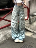 Clacive-Women American Vintage Y2K Cyber Punk Kpop Multi-Pocket Low Rise Cargo Denim Pants Baggy Jeans Grunge 2000s Gyaru Dark Academia
