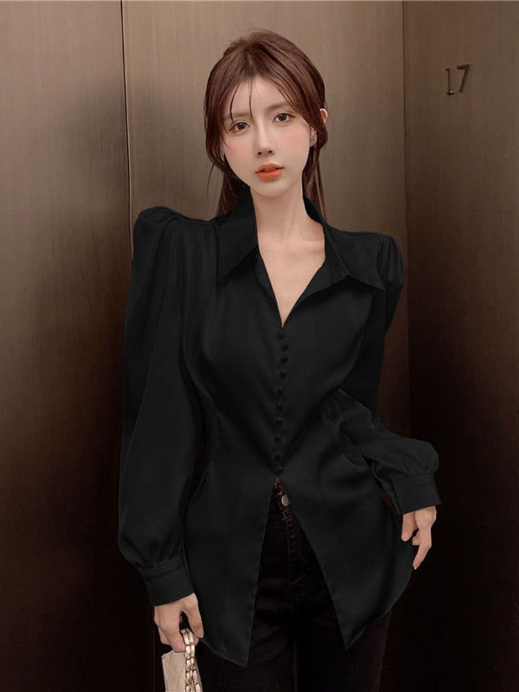 Clacive Women Back Bow Elegant Puff Sleeve Shirt Fashion Slim Office Lady Casual Blouse Korean Hollow Out Turn Down Collar Tops