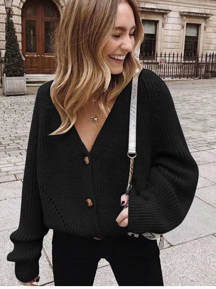 Clacive Women Knitted Cardigans Sweater Fashion Autumn Long Sleeve Loose Coat Casual Button Thick V Neck Solid Female Tops 2023