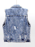 Clacive Denim Women Vest Luxury Pearls Fashion Ripped Fall Button Up Jeans Jacket Embroidery Floral Sleeveless Loose Short Coats