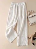 Clacive Summer Linen Pants Elastic High Waist Korean Style Solid Color Casual Pocket Straight Trousers White Thin Female Pants