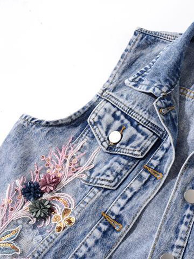 Clacive Denim Women Vest Luxury Pearls Fashion Ripped Fall Button Up Jeans Jacket Embroidery Floral Sleeveless Loose Short Coats