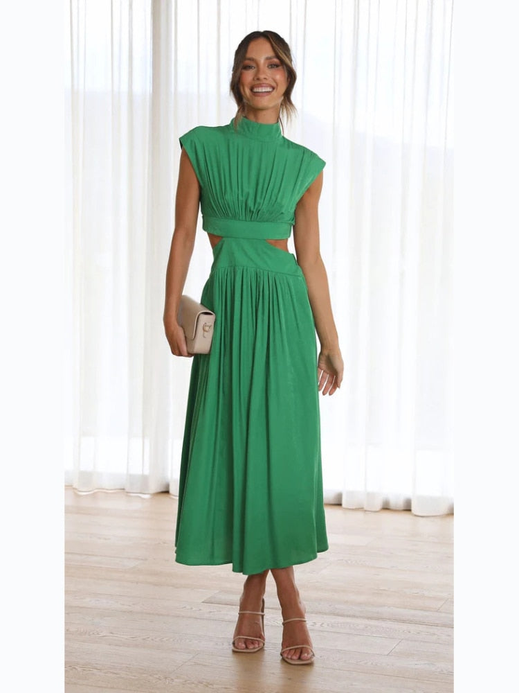 Clacive Women Elegant Long Maxi Dress 2023 Summer Casual Solid Color Sleeveless Backless Dress Party Sexy Hollow Out Pleated Sweet Robe