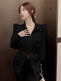 Clacive Women Back Bow Elegant Puff Sleeve Shirt Fashion Slim Office Lady Casual Blouse Korean Hollow Out Turn Down Collar Tops