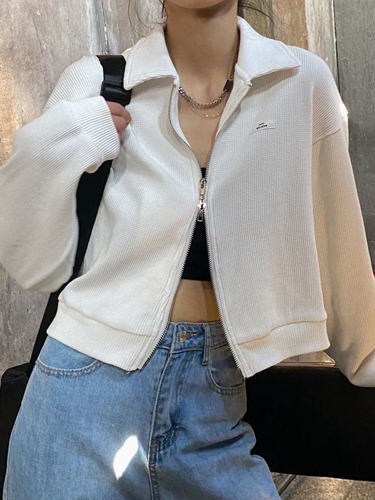 Clacive Harajuku Zipper Women Sexy Cropped Jackets Chic Long Sleeve Letter Sweatshirt Spring Female All-Match Korean Y2K Tops