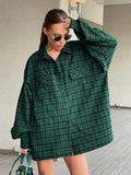 Clacive-2024 Summer Women Casual Oversized Plaid Shirt Long Sleeve Ladies Tops Loose Fit Long Blouse For Woman