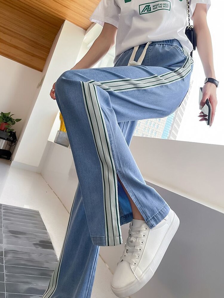 Clacive Harajuku Striped Slit Wide Leg Denim Pants Women Summer Thin High Waist Baggy Jeans Fashion Lace Up Female Casual Trousers