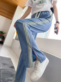 Clacive Harajuku Striped Slit Wide Leg Denim Pants Women Summer Thin High Waist Baggy Jeans Fashion Lace Up Female Casual Trousers