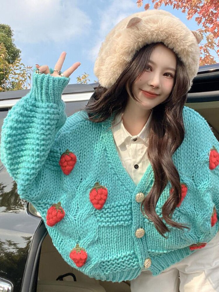 Clacive Cute Strawberry Women Cardigan Sweater Oversize Winter Loose Fashion V Neck Hand 3D Knit Ladies Jumper Casual Female Coat