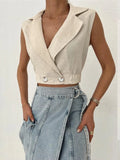 Clacive- 2024 Summer Women Solid Khaki Linen Tank Tops Sleeveless V-neck Vest Crop Tops For Women Female