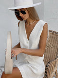 Clacive-2024 Spring Summer Women Linen Shorts Set Sleeveless V-neck Holiday Solid White 2 Two Piece Matching Sets For Women