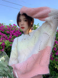 Clacive Hollow Out Rainbow Women Striped Sweaters Korean Long Sleeve Sweet Knitted Jumpers Preppy Style Fashion Loose Pullovers