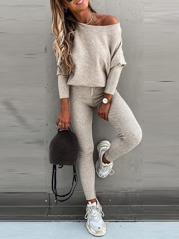 Clacive Autumn Knitted Tracksuit Women Set Two Piece Track Sweat Suits Women Outfits Sweatsuits Off Shoulder Loose Tracksuits For Women