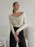 Clacive-2024 Autumn Winter Women Off Shoulder Office Knitwear Tops Slim Pullover Solid Khaki Long Sleeve T-shirts Female