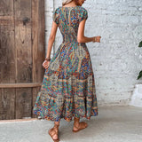 Clacive Women Vintage Print Long Dress Summer Elegant V Neck Elastic Waist Maxi Dresses 2023 Holiday Bohe Sexy Short Sleeve A-line Robe