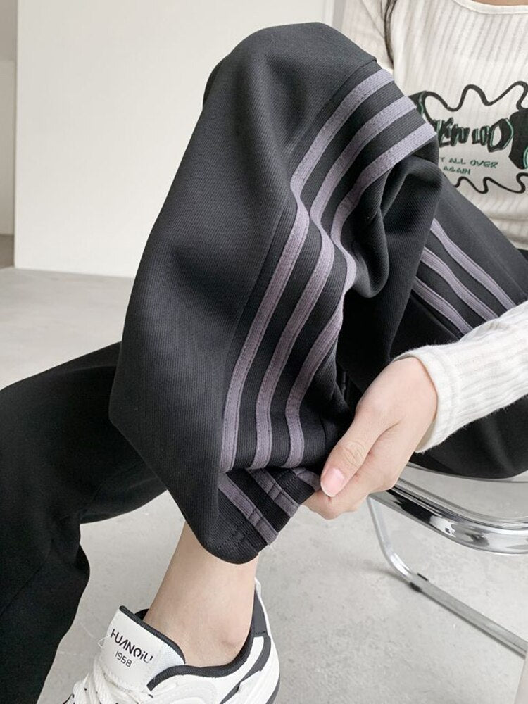 Clacive Harajuku Women Striped Black Sweatpants American Streetwear High Waist Straight Trousers Fashion Patchwork All Match Pants