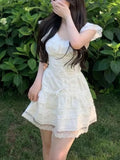 Clacive back to school Sweet Fairy Lace White Mini Dress Women Japan Kawaii Bow Flying Sleeve One Piece Dress Summer Elegant Party Princess Dress 2024