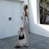 Clacive- Women Summer 2PCS Outfit Bikini Cover-ups Sets Long Sleeve Tie Up Crop Tops+White Long Knit Hollow Tassels Skirt Suit