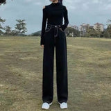 Clacive-Spring Autumn New Fashion High Waist Pocket Solid Color Wide Legs Casual Versatile Western Commuting Loose Clothing Women Pants