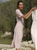 Clacive Midi Dress  Summer Women Short Sleeve V Neck Wrap Long Dresses Elegant Vintage Femme Robes Holiday Clothing