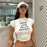 Clacive-Women's High Street Round Neck T-shirt Versatile Letter Print Short Sleeved Casual Navel-Baring T-shirt Pleated Back Sexy T-