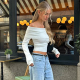 Clacive-Vintage Off Shoulder T-Shirt Women Spring Solid White Long Sleeve Knit Sweaters Casual T shirts Slim Fit Crop Tops Y2K Clothes