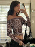 Clacive  Sexy See Through Off Shoulder Women T-shirt Printed Leopard Long Sleeve T-shirt Summer Skinny Elegant Streetwear 2024