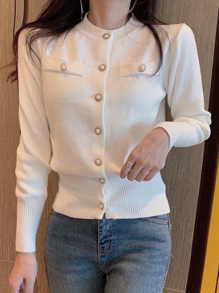 Clacive Fashion Women Cardigan Sweater Spring Knitted Long Sleeve Short Coat Casual Single Breasted Korean Slim Chic Ladies Top