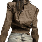 Clacive-Y2k Fall Winter Crop Jackets for Women 2023 Turtleneck Zip Up Coats Brown 90s Vintage Clothes Bomber Jacket