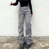 Clacive Gray Casual Stitched Pocket Cargo Pants Women Low Waist Vintage Streetwear Jeans Korean Fashion Straight Denim Trousers