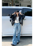 Clacive-Woman Streetwear Jeans Preppy Style Denim Korean Pants Trousers Pockets Sweatpants Zipper Cargo Pants Wide Leg Bell Bottoms