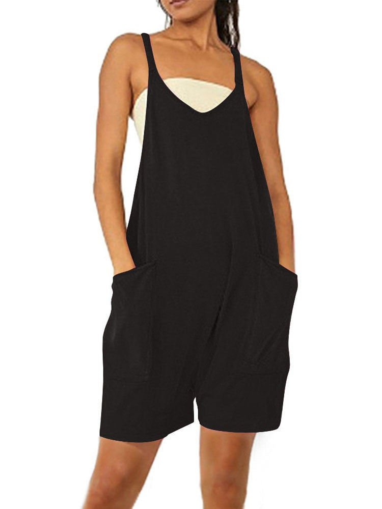 Clacive 2023 Summer Black Short Jumpsuit Women Overalls Romper Women Playsuit Pocket Loose Overalls For Women